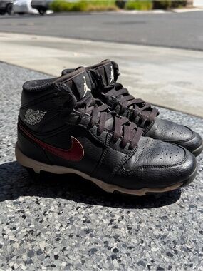 Nike Jordan 1 High Cleats Black White Leather Youth 4.5Y